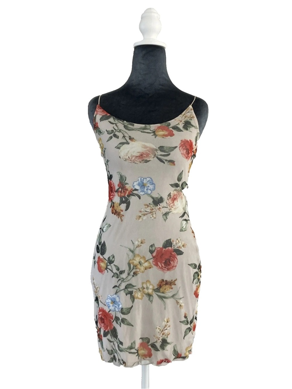 Women’s Floral Slip Dress in Beige with Red & Blue Blooms